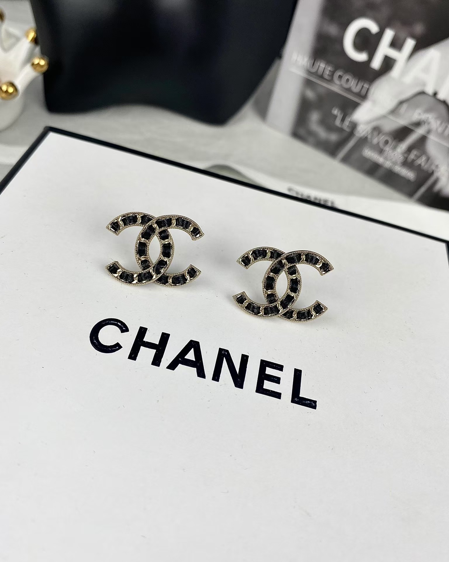 Chanel Light Gold & Black Leather Double C Earrings - Best Replica Jewelry™