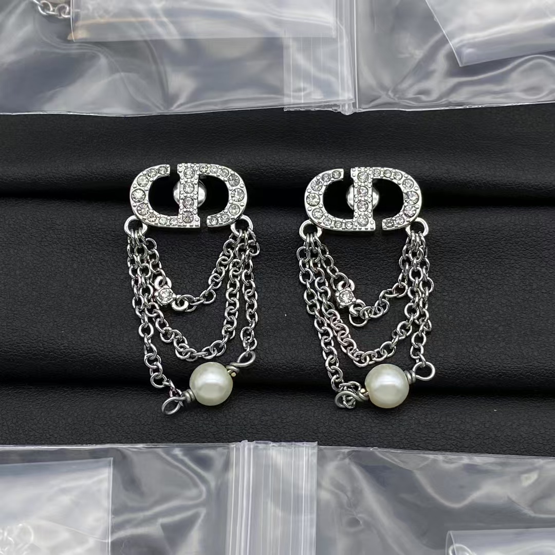 Dior CD Stud Earrings with Chains Dangle - Best Replica Jewelry™