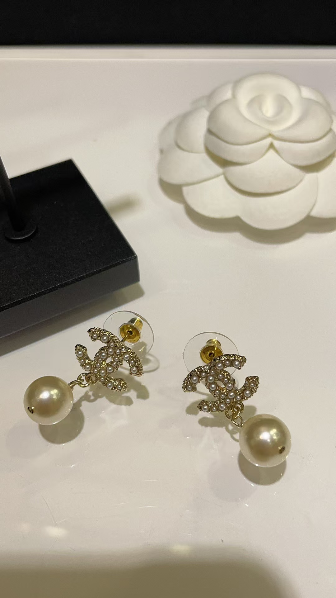 Chanel Double C with Pearl Drop Earrings - Best Replica Jewelry™