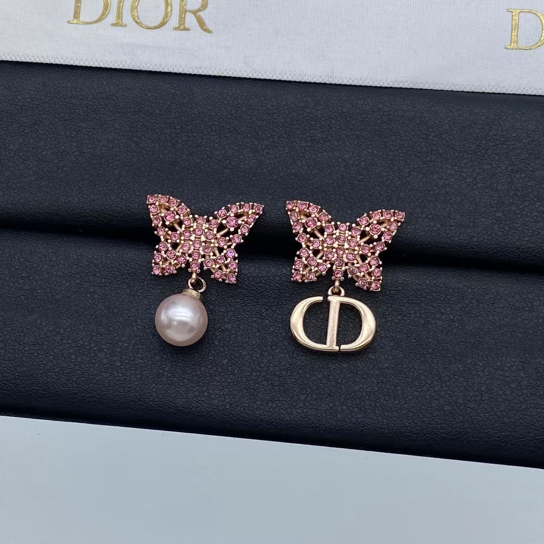 Dior Asymmetric Rose Gold-Finish Pink Butterfly Earrings - Best Replica Jewelry™