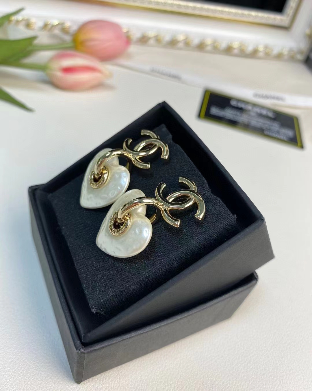 Chanel White Love Heart Double C Earrings - Best Replica Jewelry™