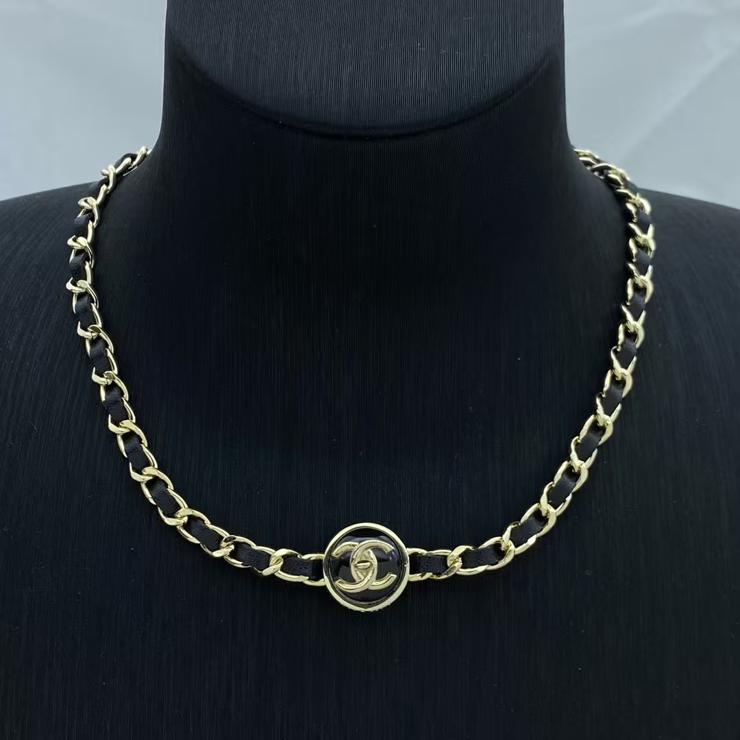 Chanel Leather Woven Gold Chain Choker Necklace - Best Replica Jewelry™