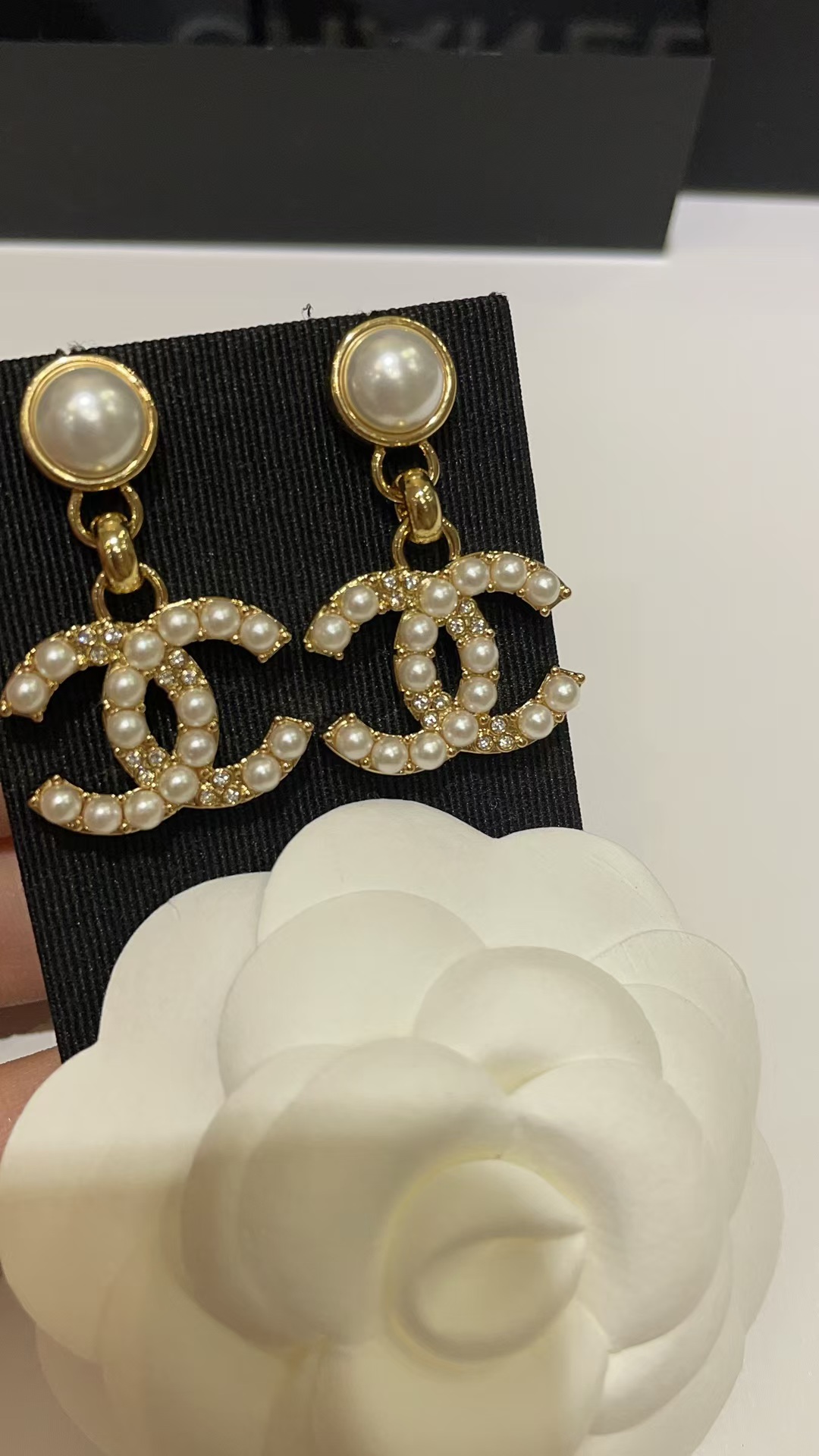 Chanel Pearl Paved Double C Earrings - Best Replica Jewelry™