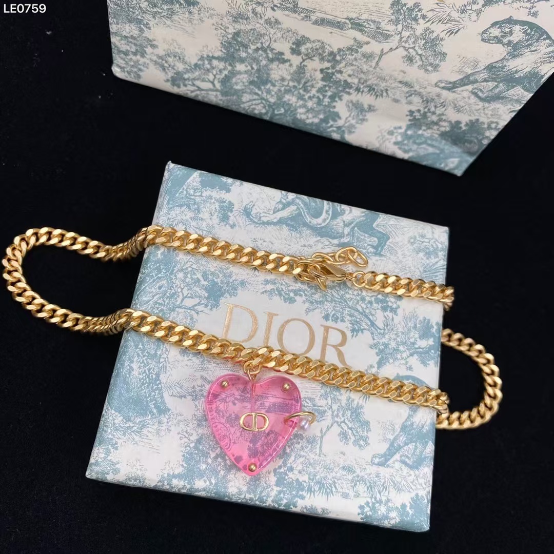 Dior Chunky Cuban Chain Big Pink Heart Pendant Necklace - Best Replica Jewelry™