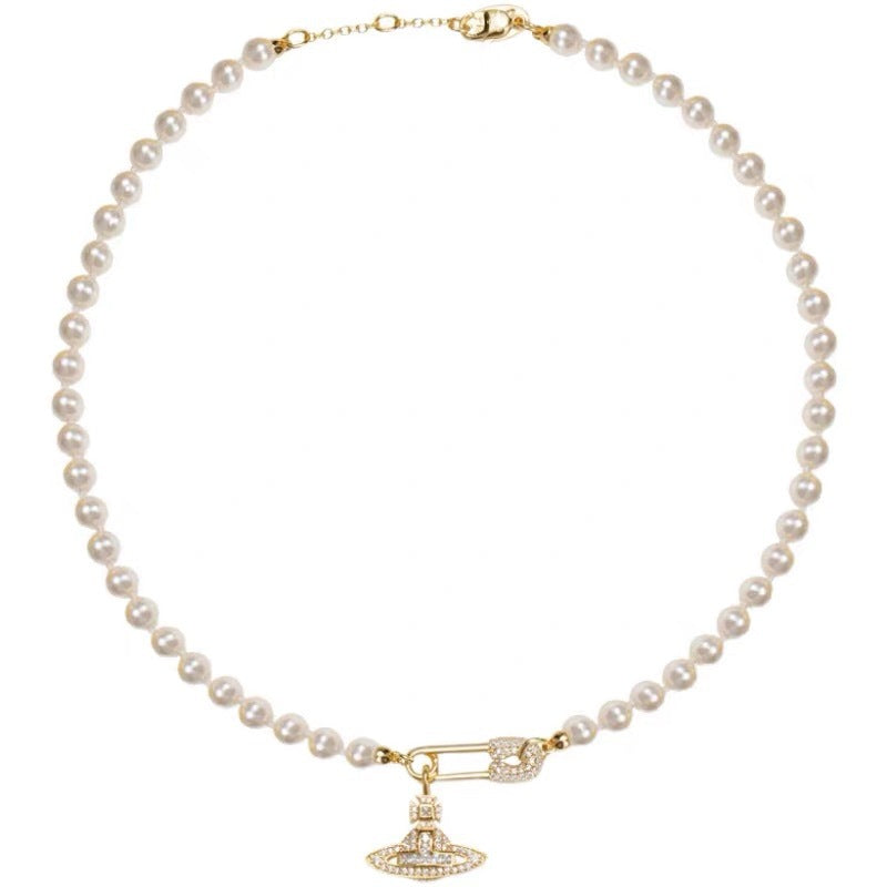Vivienne Westwood Paperclip Saturn Pearl Necklace - Best Replica Jewelry™
