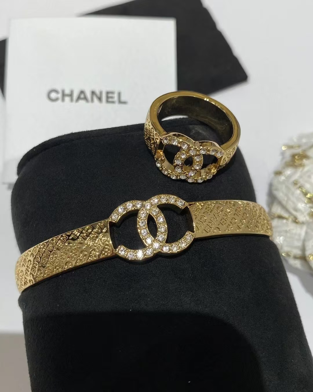 Chanel Hollow Diamond Paved Double C Open Bangle Bracelet - Best Replica Jewelry™