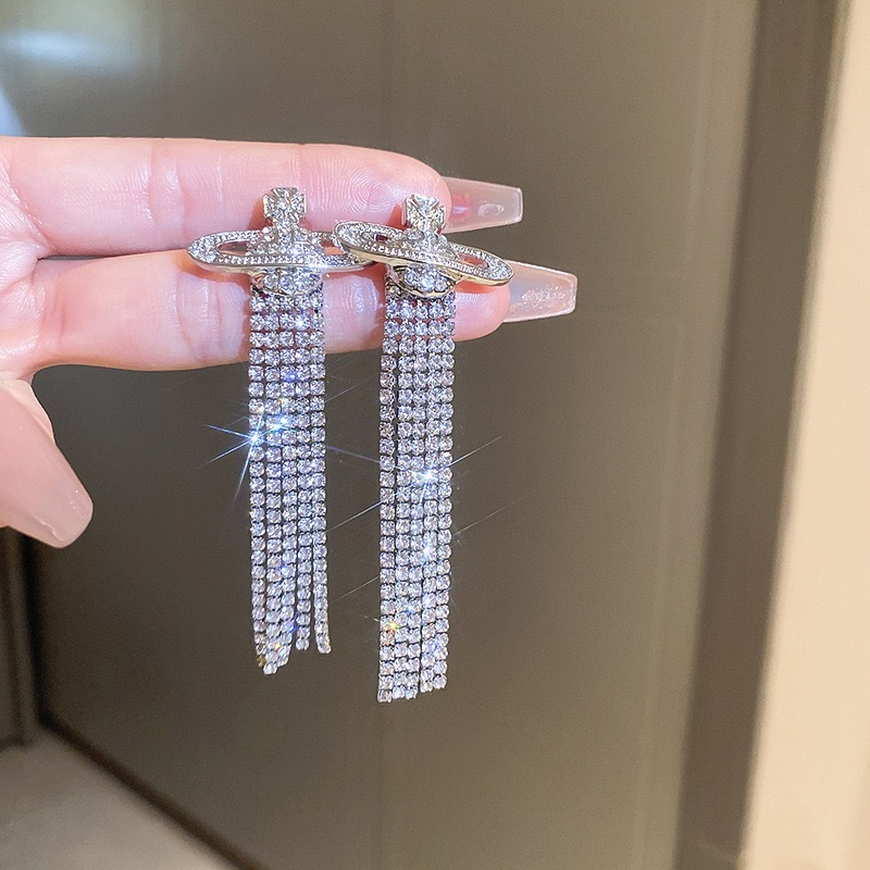 Vivienne Westwood Party Queen Rhinestone Tassel Saturn Earrings - Best Replica Jewelry™