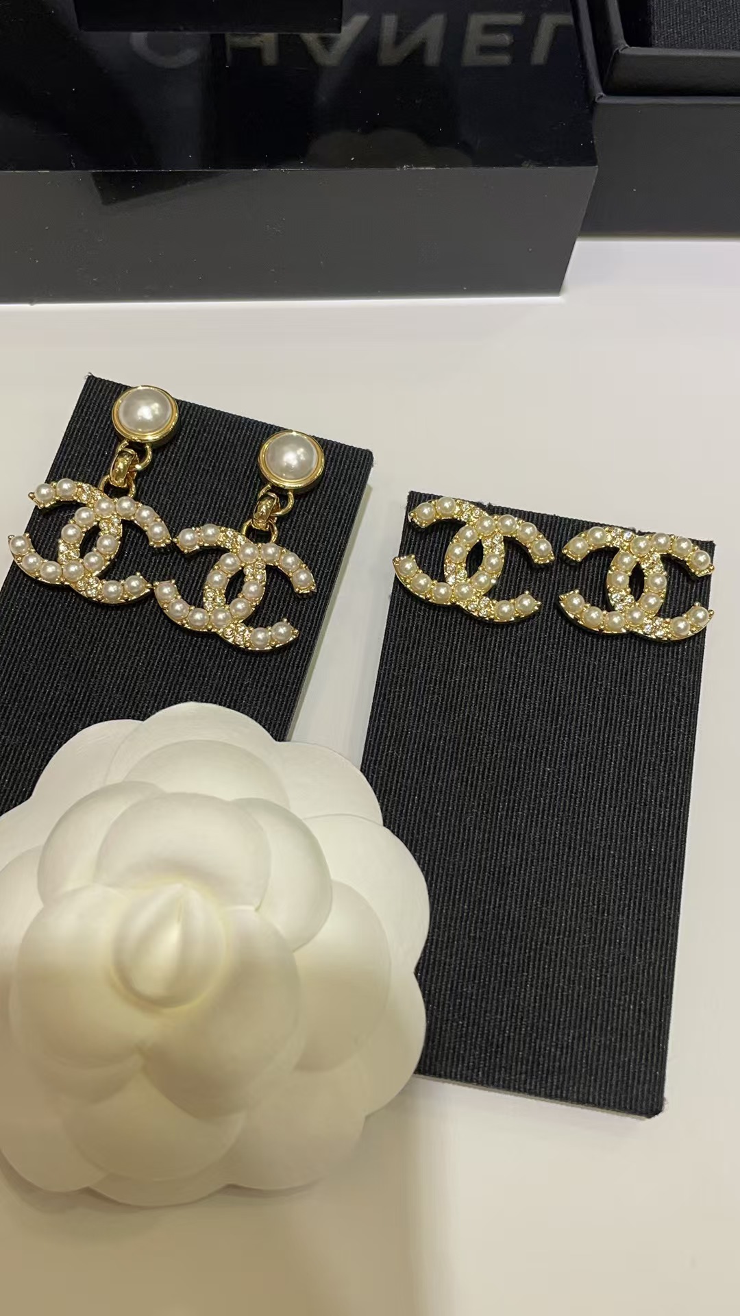 Chanel Pearl Paved Double C Earrings - Best Replica Jewelry™
