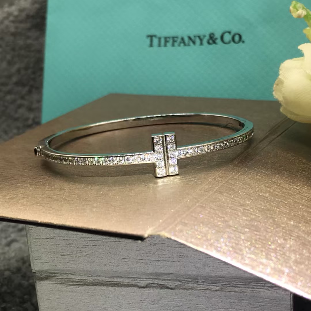 Tiffany Full Diamond Paved Double T Bangle Bracelet - Best Replica Jewelry™