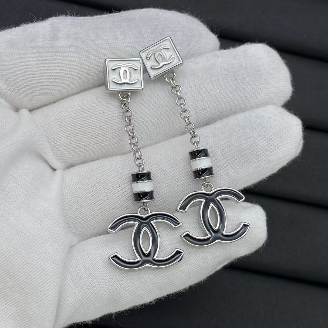 Chanel Black White Enamel Chain Tassel with Double C Earrings - Best Replica Jewelry™