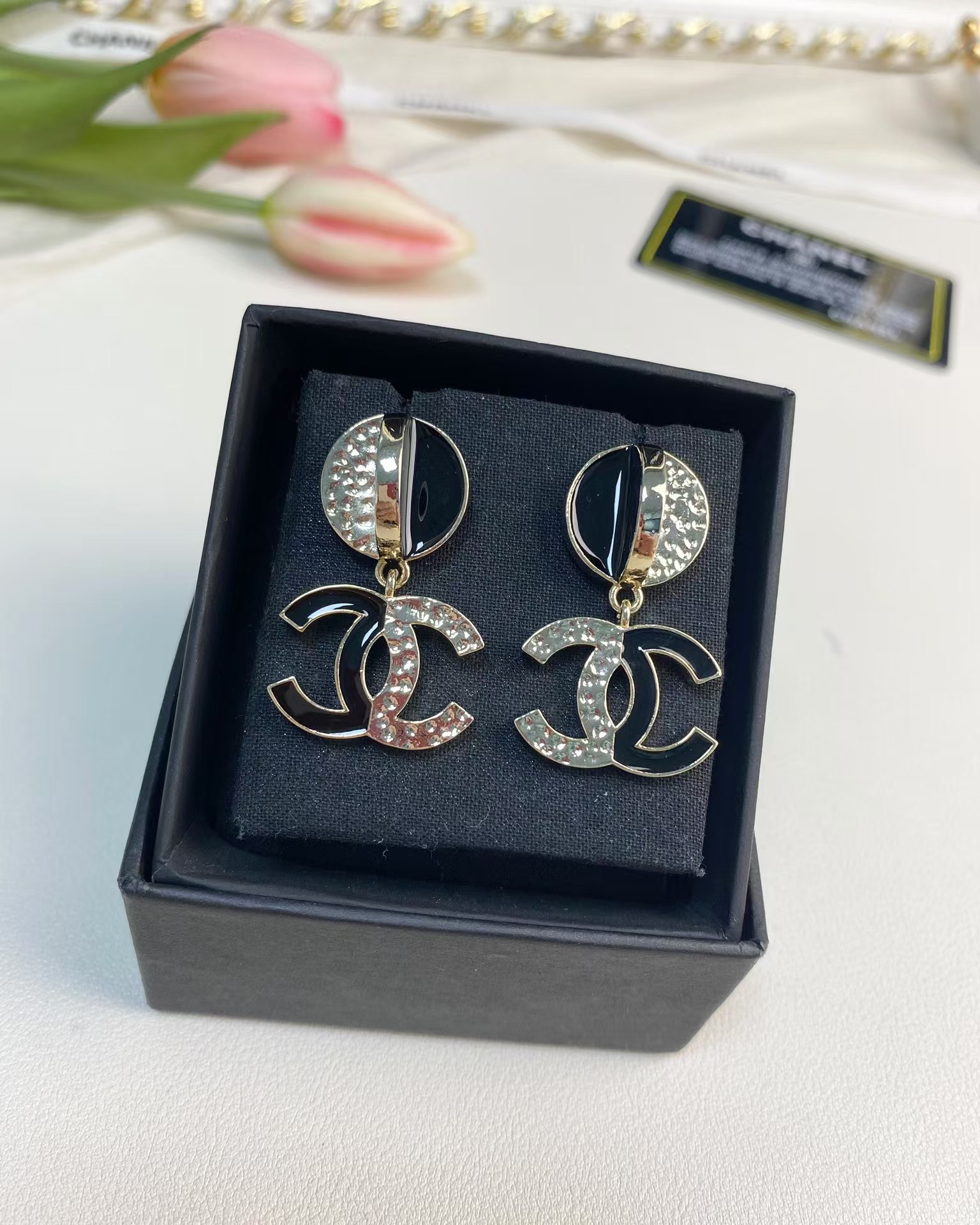 Chanel Half Black Enamel Double C Dangle Earrings - Best Replica Jewelry™