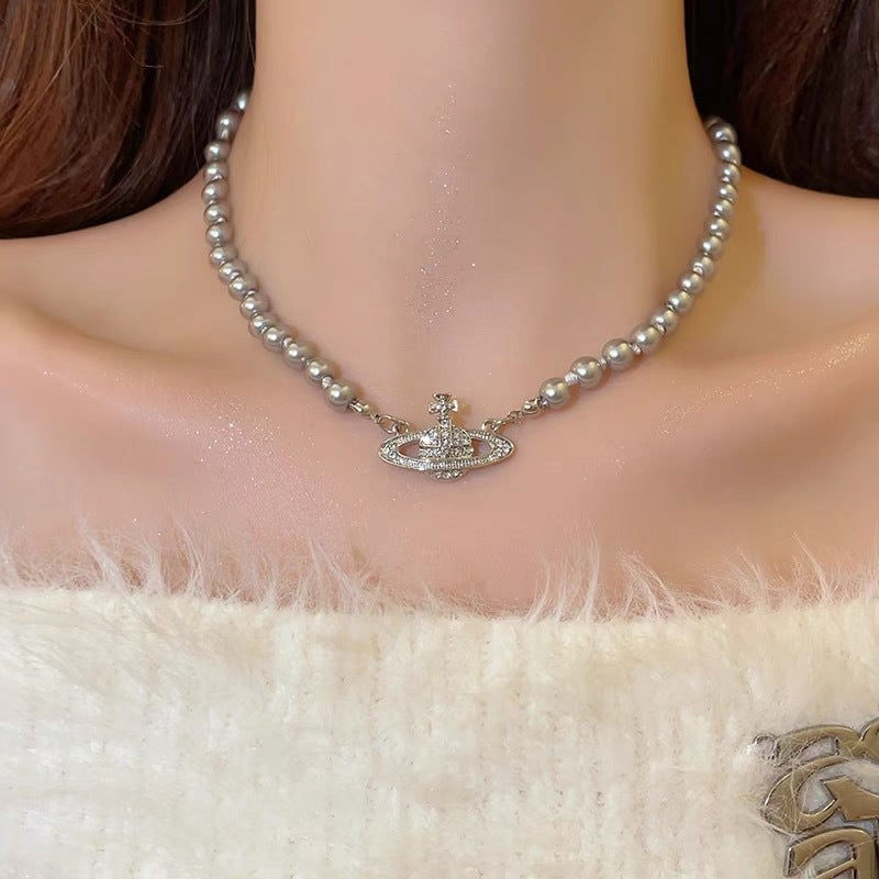 Vivienne Westwood Saturn Pendant Grey Pearl Necklace - Best Replica Jewelry™