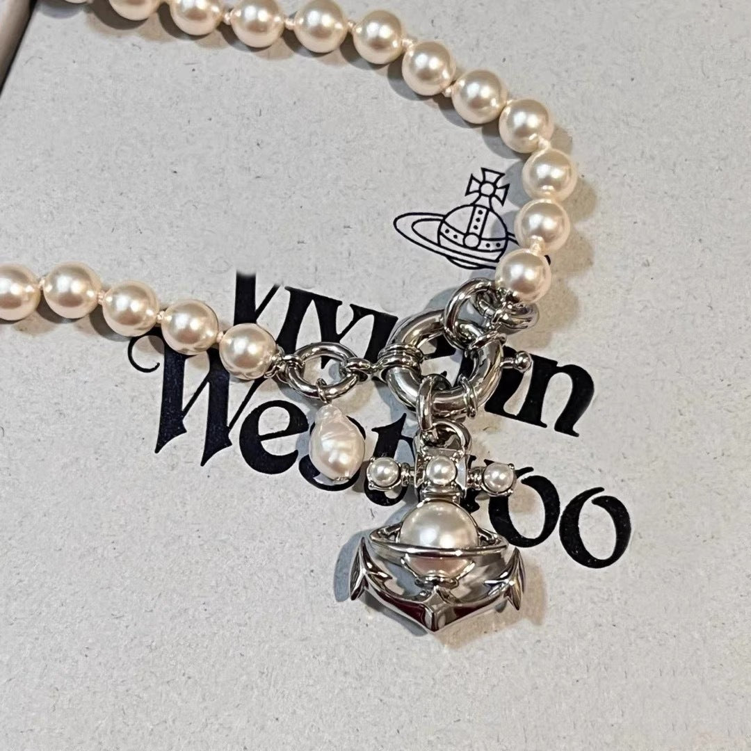 Vivienne Westwood Anchor Saturn Pendant Pearl Necklace - Best Replica Jewelry™