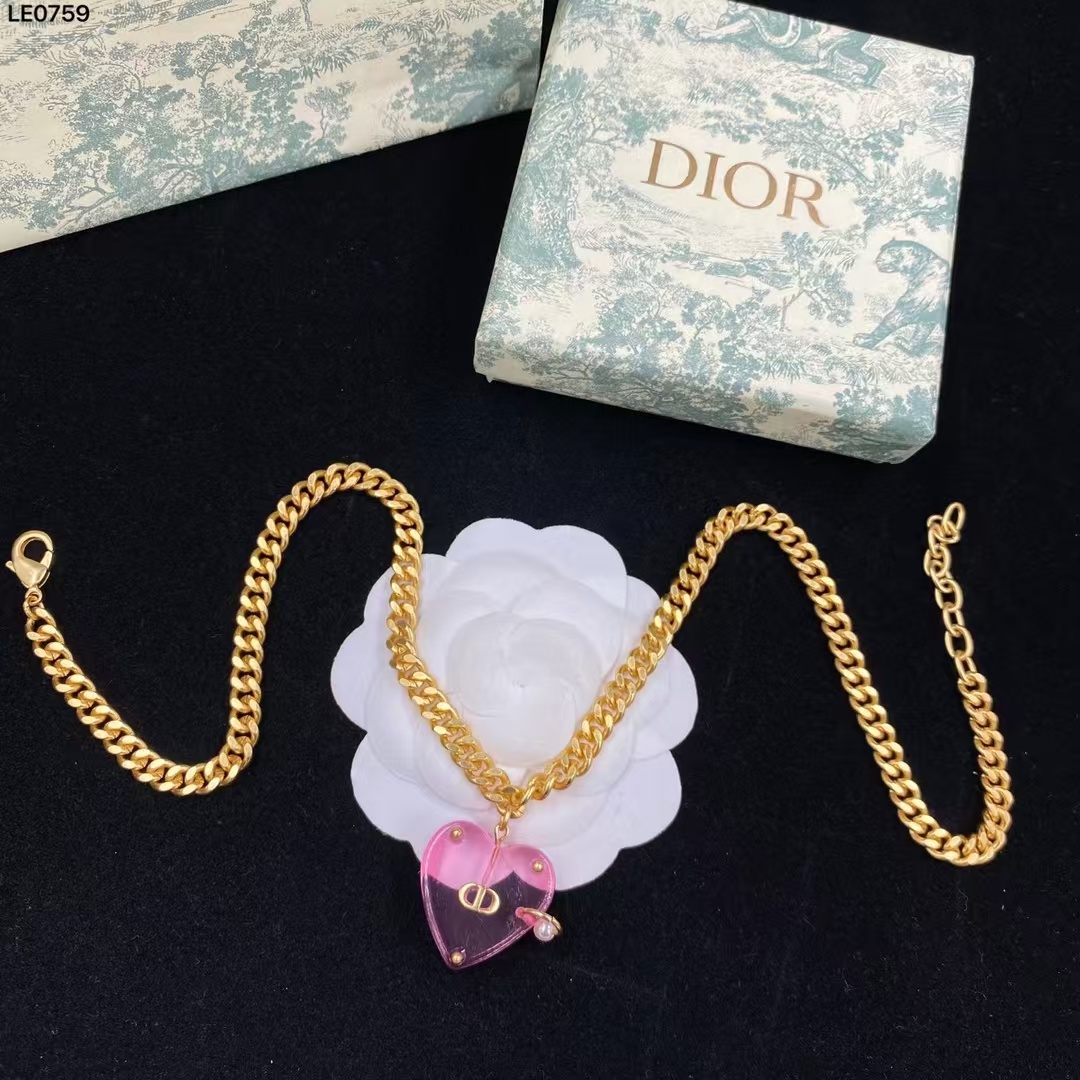 Dior Chunky Cuban Chain Big Pink Heart Pendant Necklace - Best Replica Jewelry™