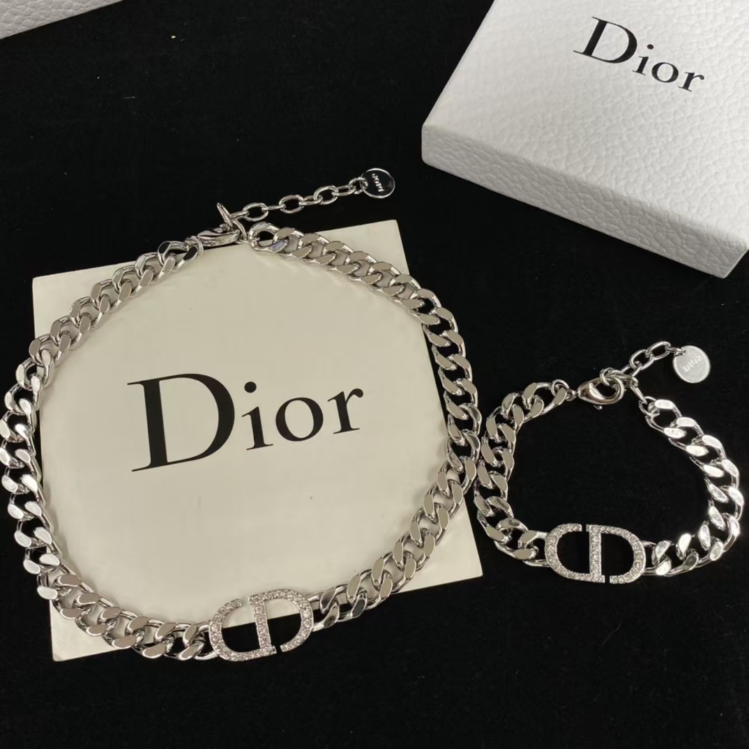 Dior Chunky Silver Cuban Chain CD Necklace Bracelet - Best Replica Jewelry™