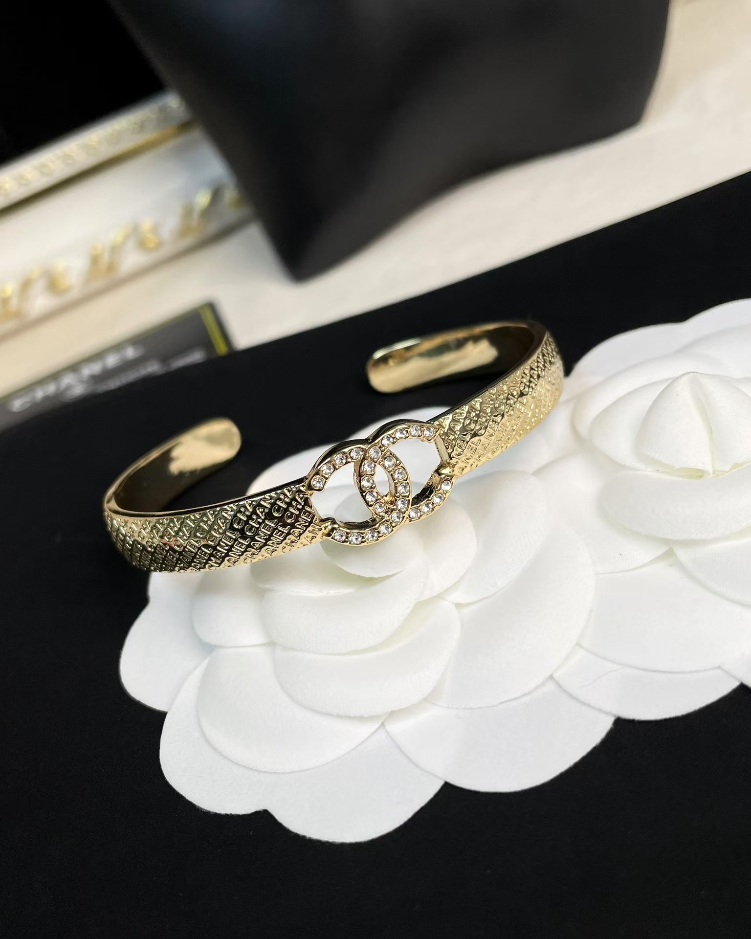 Chanel Hollow Diamond Paved Double C Open Bangle Bracelet - Best Replica Jewelry™