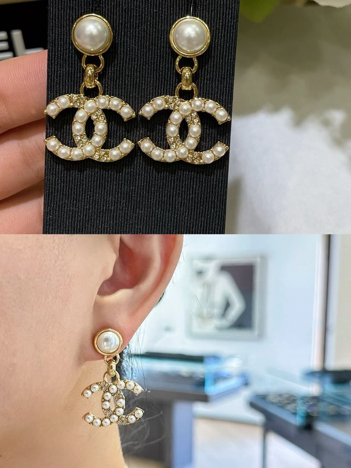 Chanel Pearl Paved Double C Earrings - Best Replica Jewelry™