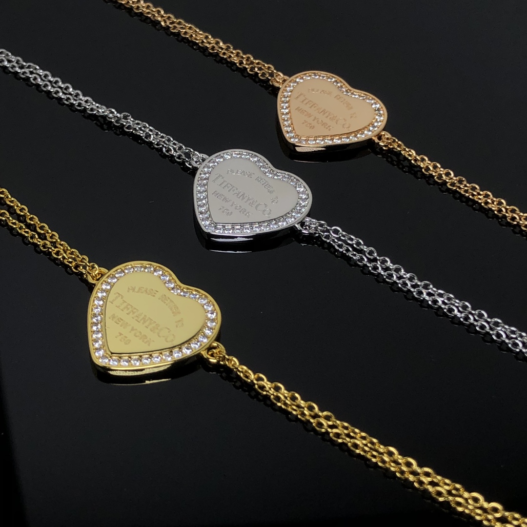 Tiffany Paved Diamond Heart Charm Chain Bracelet - Best Replica Jewelry™