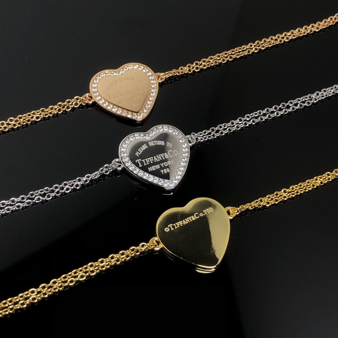 Tiffany Paved Diamond Heart Charm Chain Bracelet - Best Replica Jewelry™