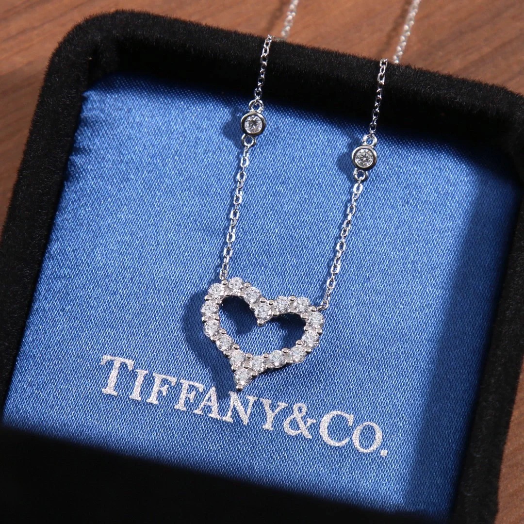 Tiffany Diamond Paved Love Heart Pendant Necklace in White Gold Color - Best Replica Jewelry™