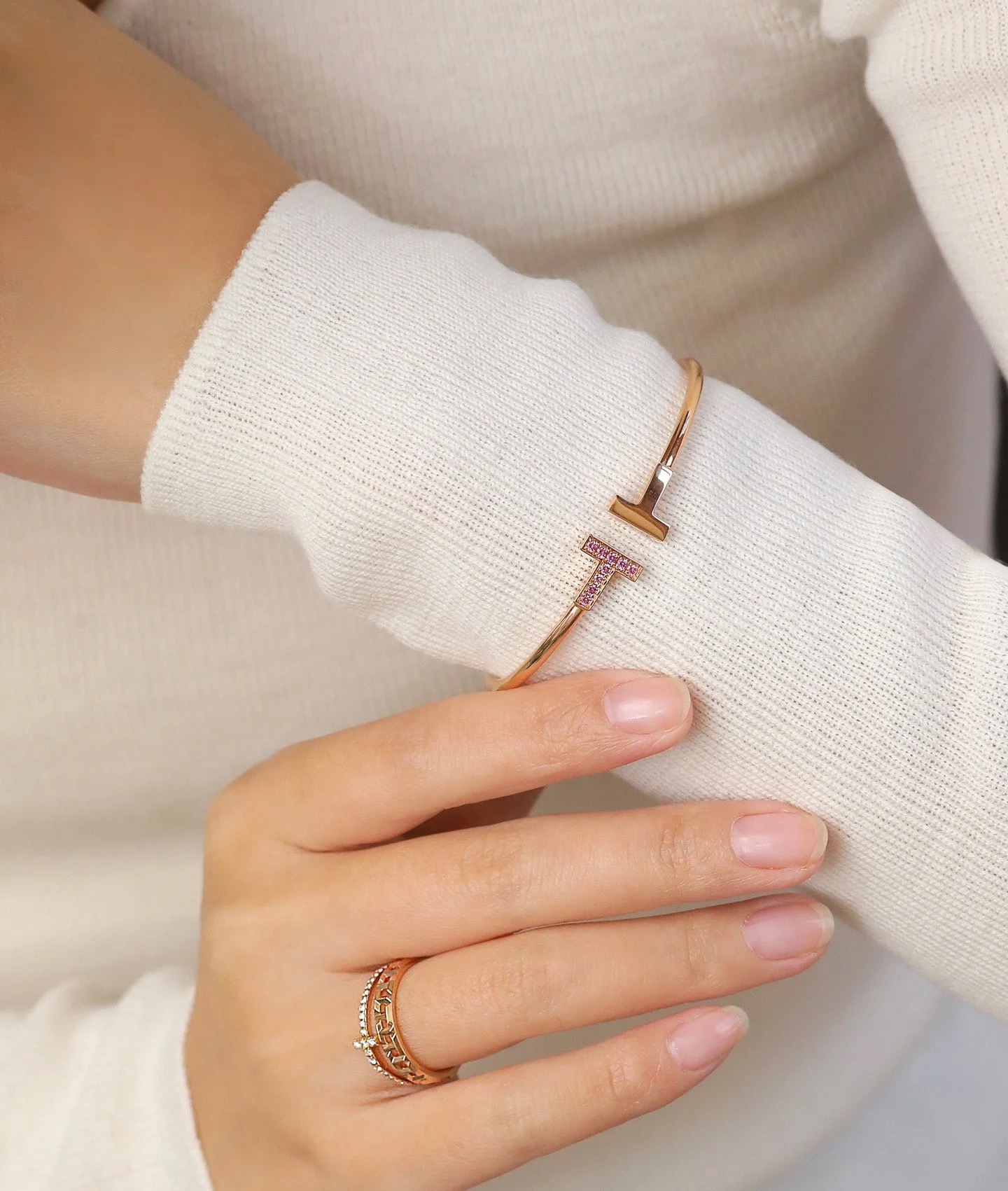 Tiffany Paved Pink Diamond Double T Bangle Bracelet - Best Replica Jewelry™