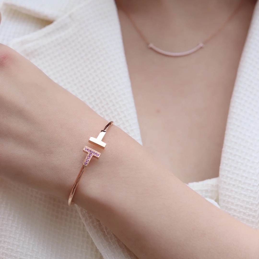 Tiffany Paved Pink Diamond Double T Bangle Bracelet - Best Replica Jewelry™