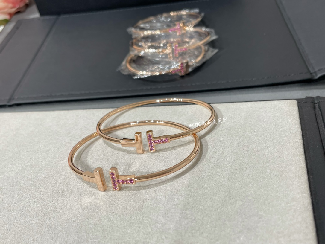 Tiffany Paved Pink Diamond Double T Bangle Bracelet - Best Replica Jewelry™