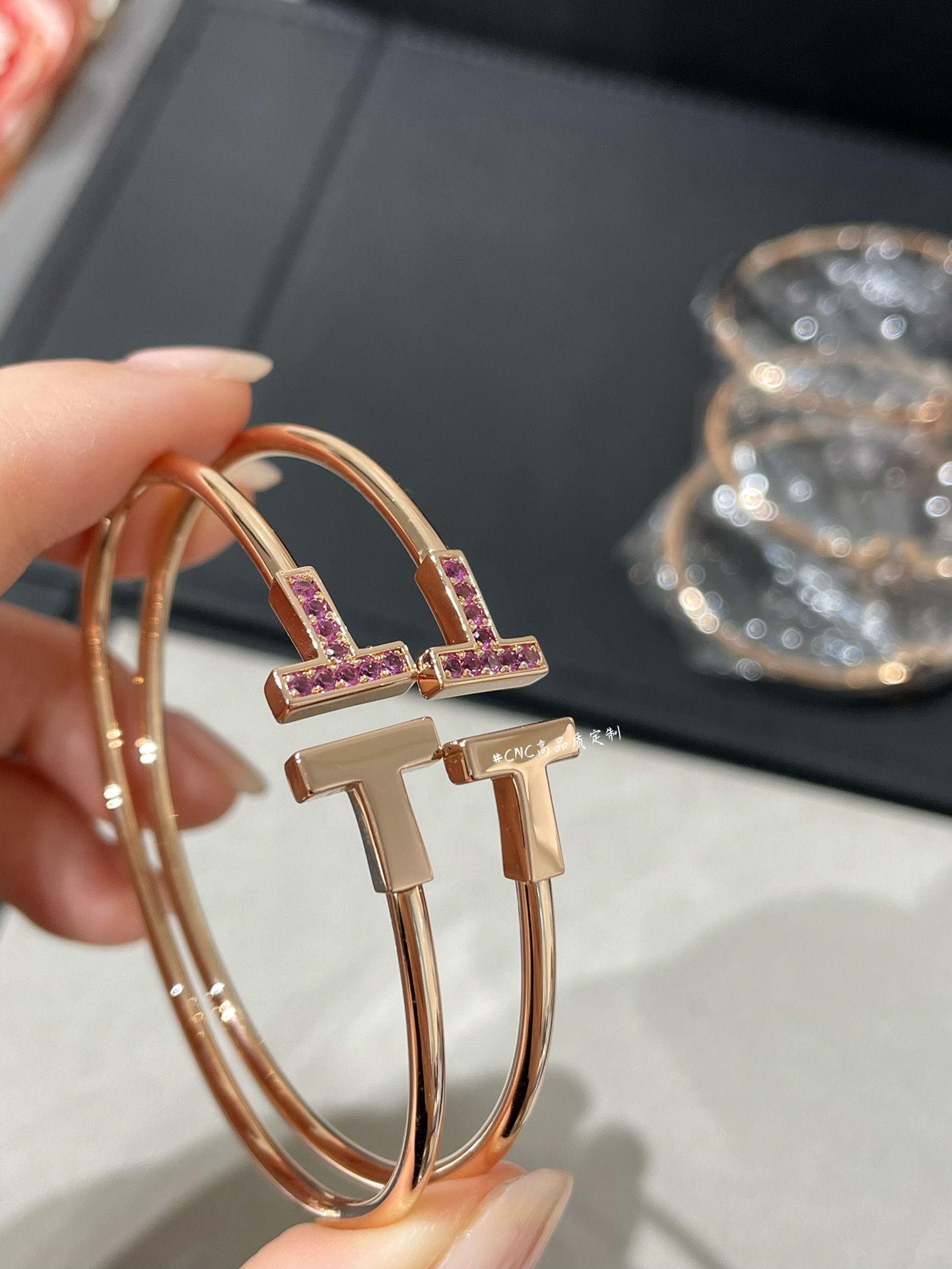 Tiffany Paved Pink Diamond Double T Bangle Bracelet - Best Replica Jewelry™