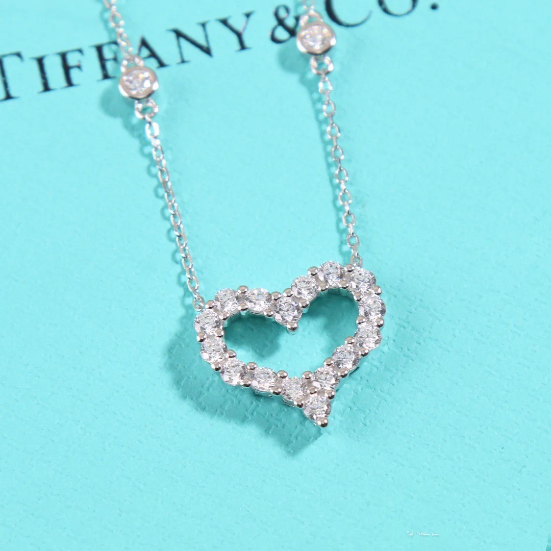 Tiffany Diamond Paved Love Heart Pendant Necklace in White Gold Color - Best Replica Jewelry™