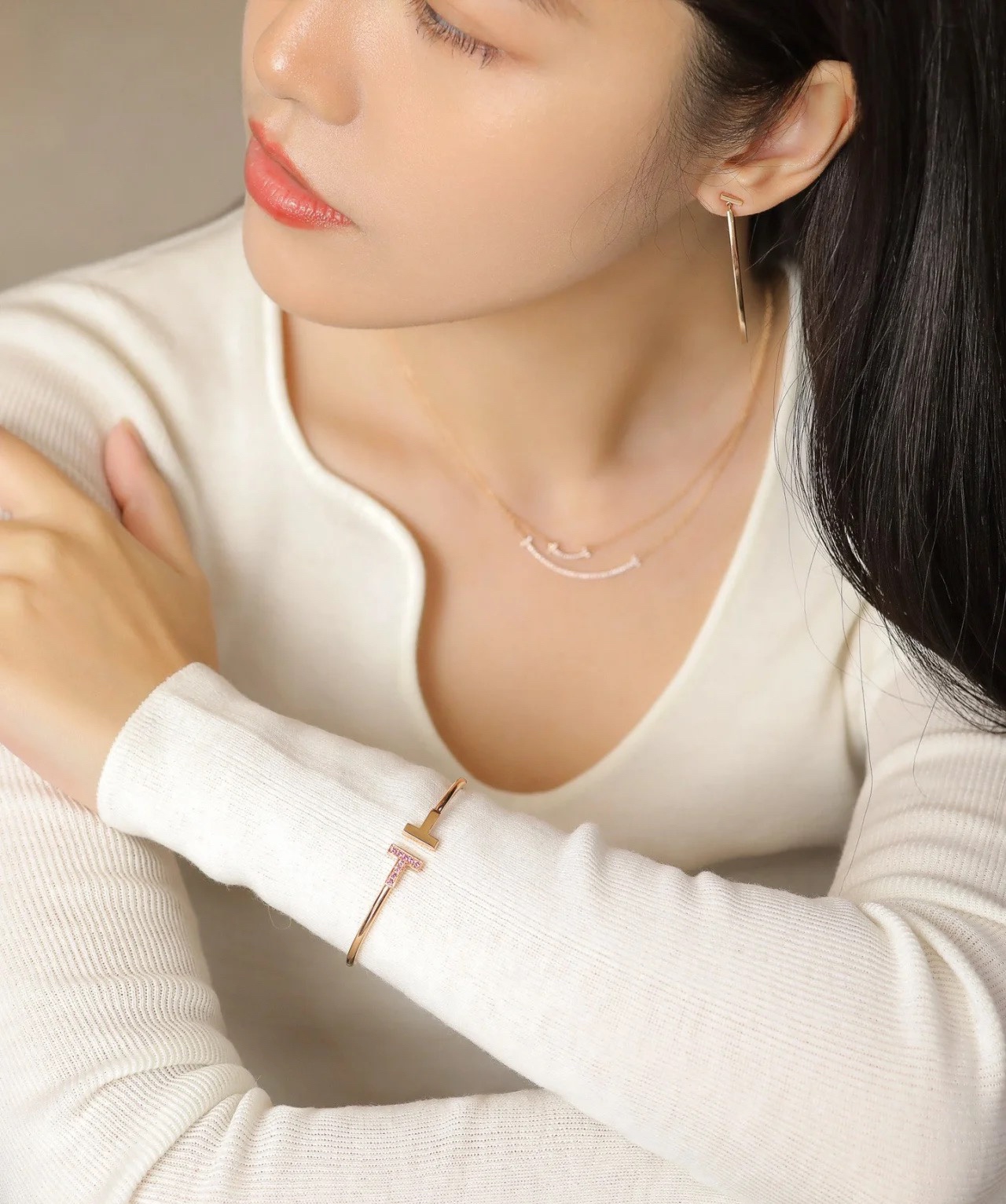 Tiffany Paved Pink Diamond Double T Bangle Bracelet - Best Replica Jewelry™