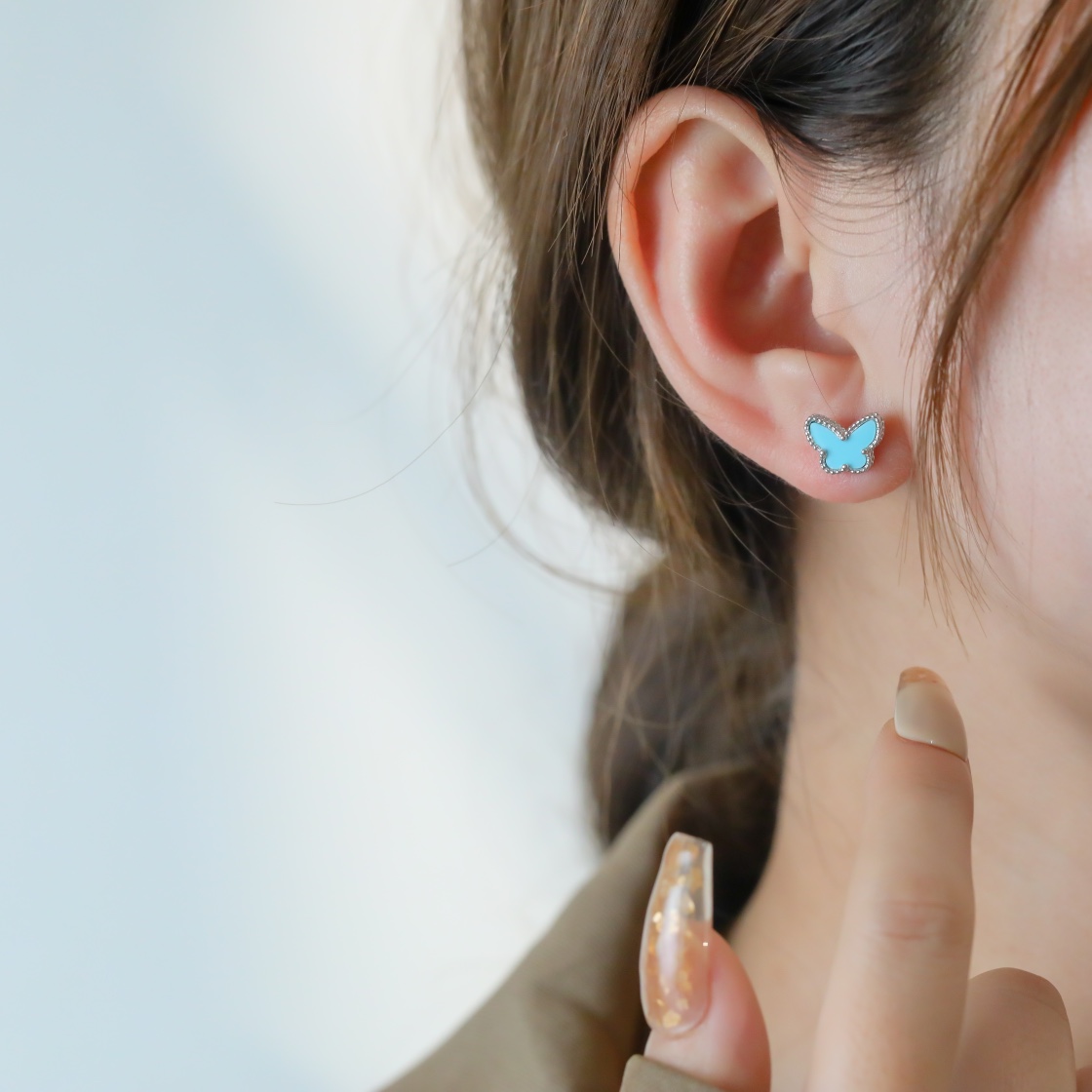 VCA Mini Blue Turquoise Butterfly Stud Earrings - Best Replica Jewelry™