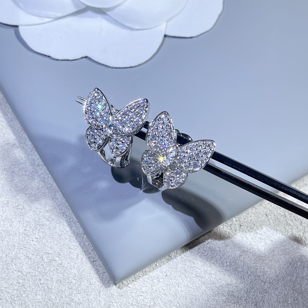 VCA Paved Diamond Silver Butterfly Earrings - Best Replica Jewelry™