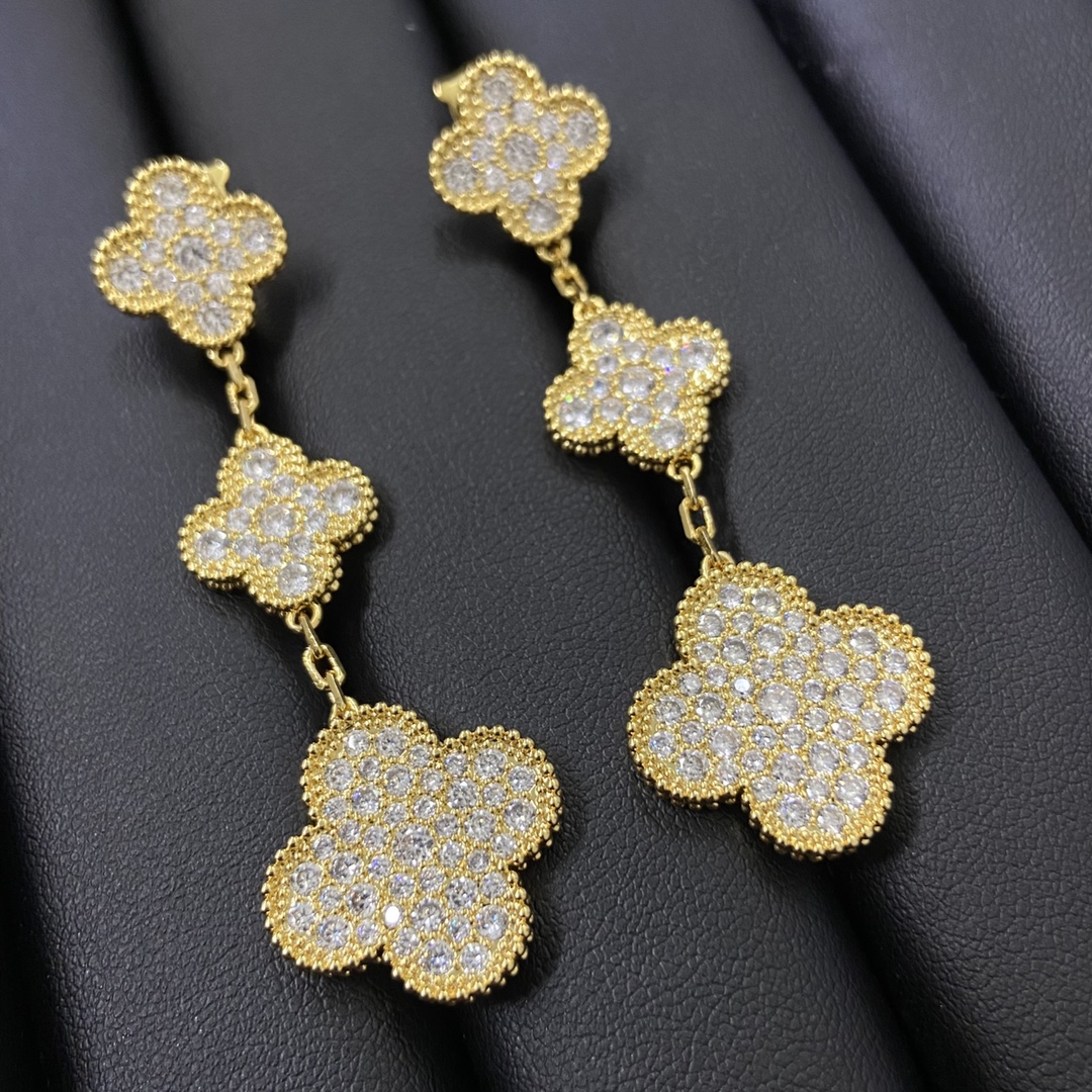 VCA Paved Full Diamond Long Clover Earrings - Best Replica Jewelry™