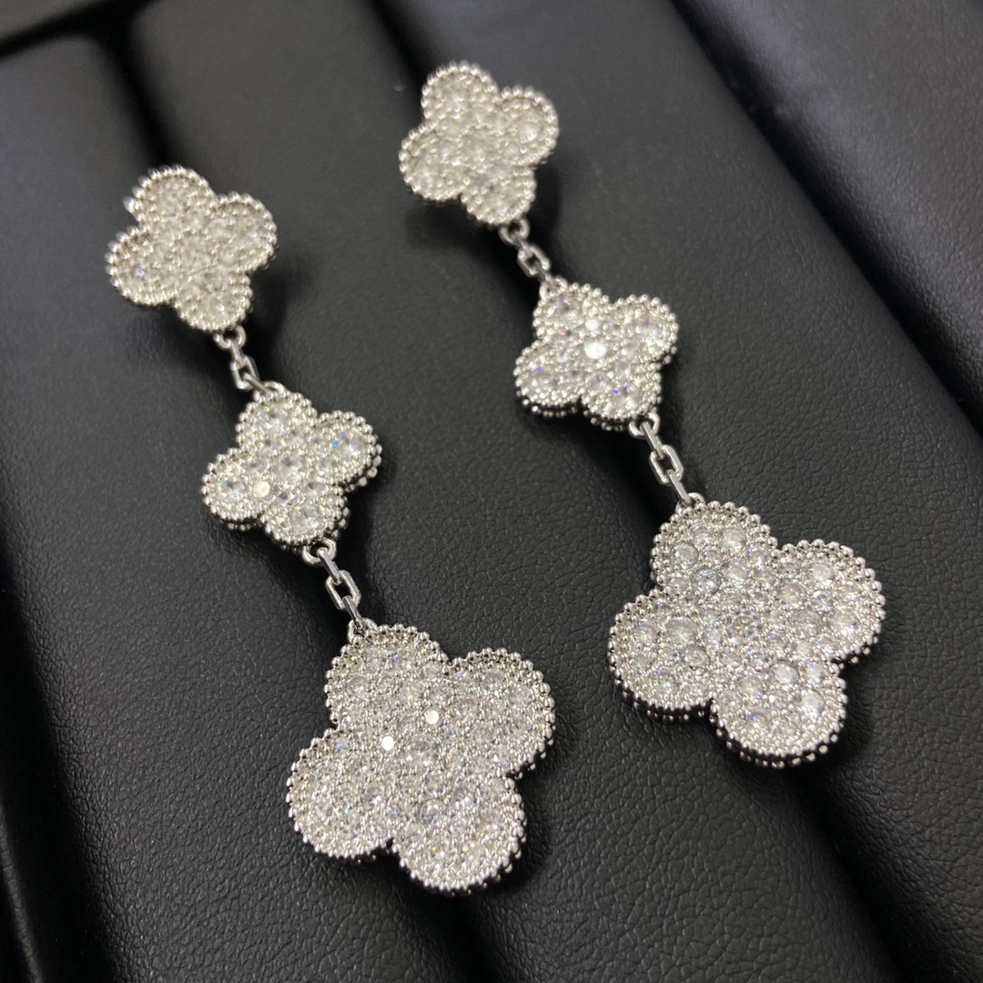 VCA Paved Full Diamond Long Clover Earrings - Best Replica Jewelry™