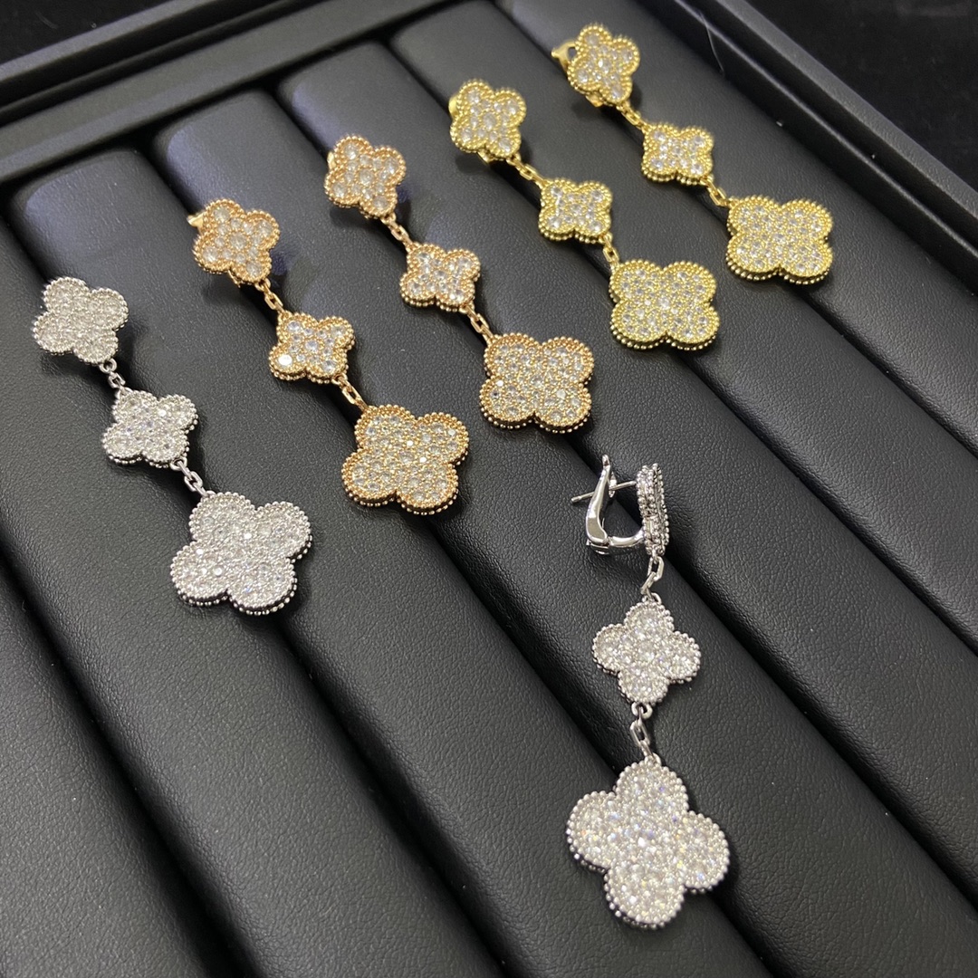 VCA Paved Full Diamond Long Clover Earrings - Best Replica Jewelry™