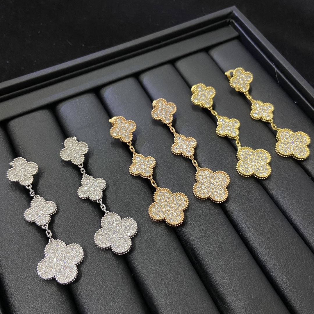 VCA Paved Full Diamond Long Clover Earrings - Best Replica Jewelry™