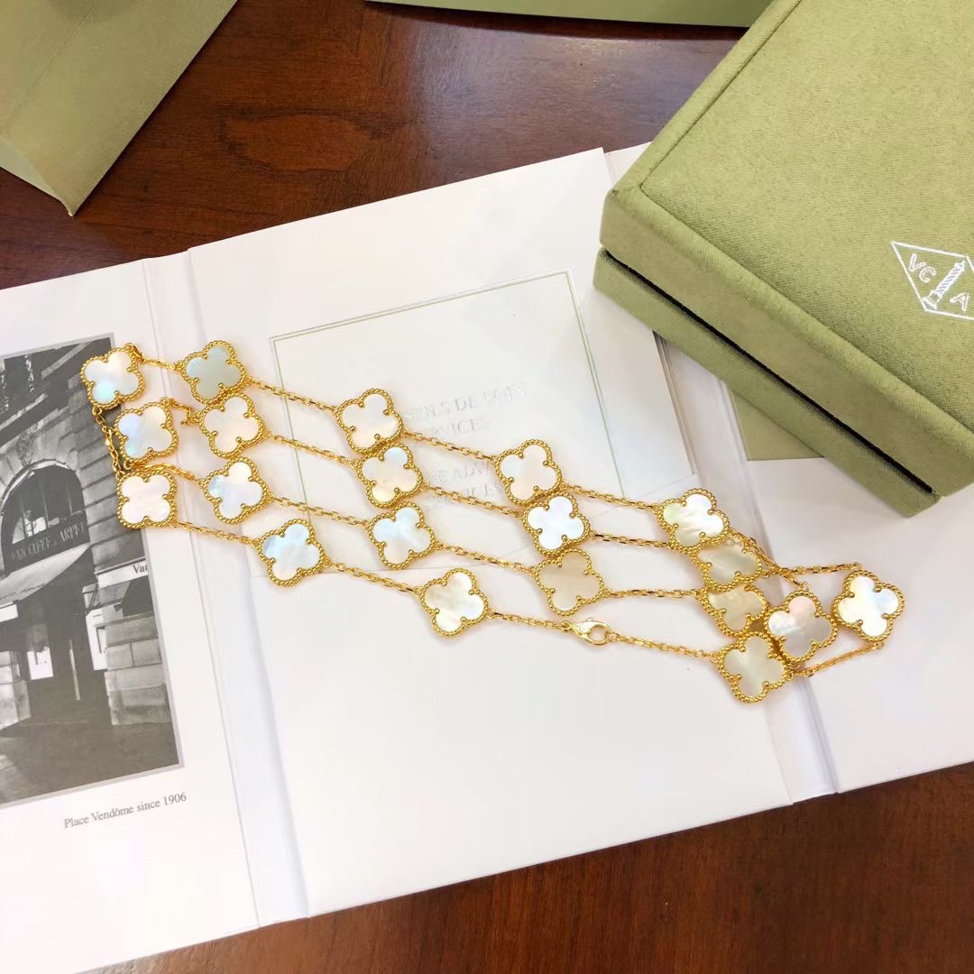 VCA Yellow Gold White Clover Vintage Alhambra Long Necklace, 20 Motifs - Best Replica Jewelry™