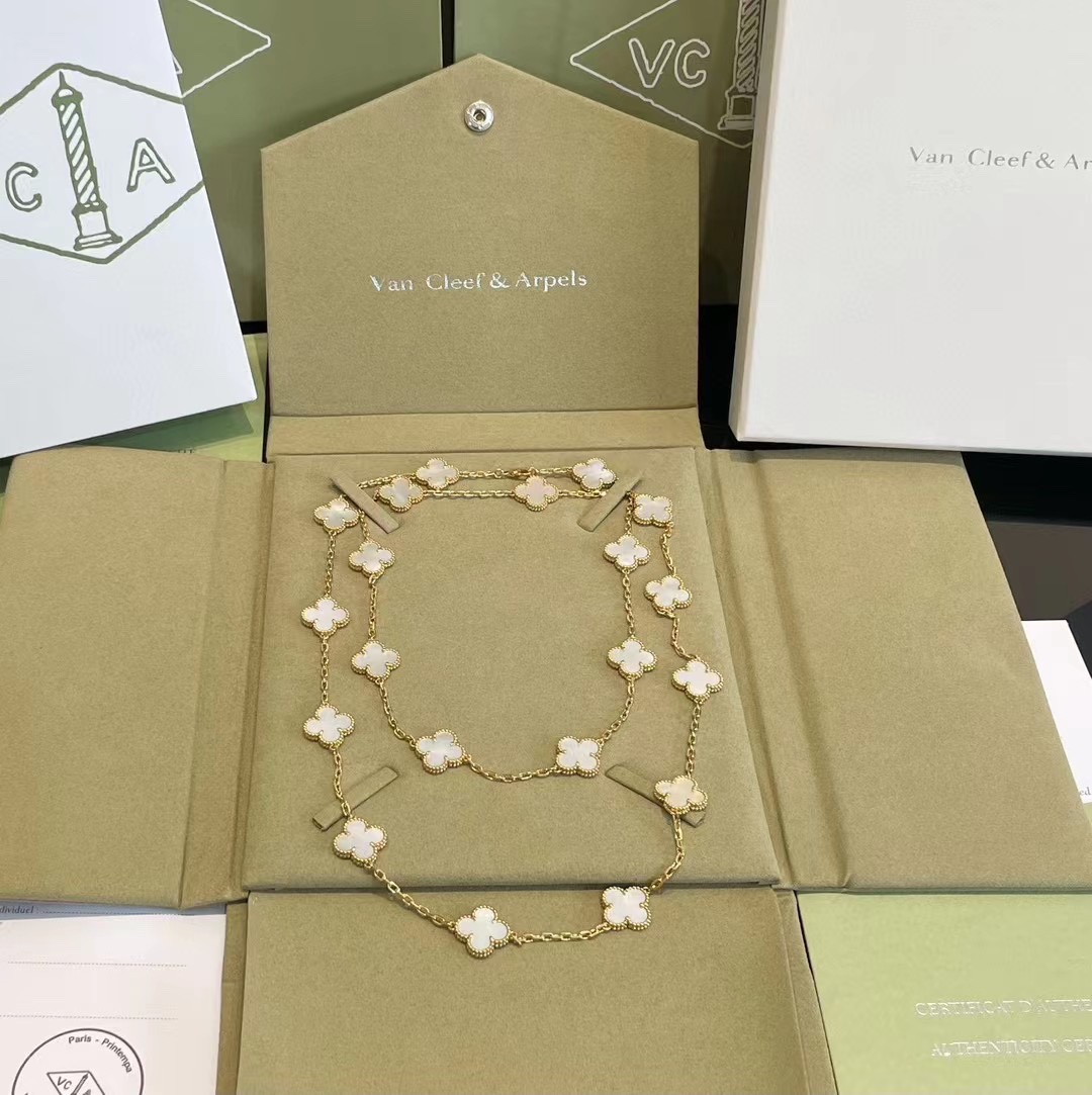 VCA Yellow Gold White Clover Vintage Alhambra Long Necklace, 20 Motifs - Best Replica Jewelry™