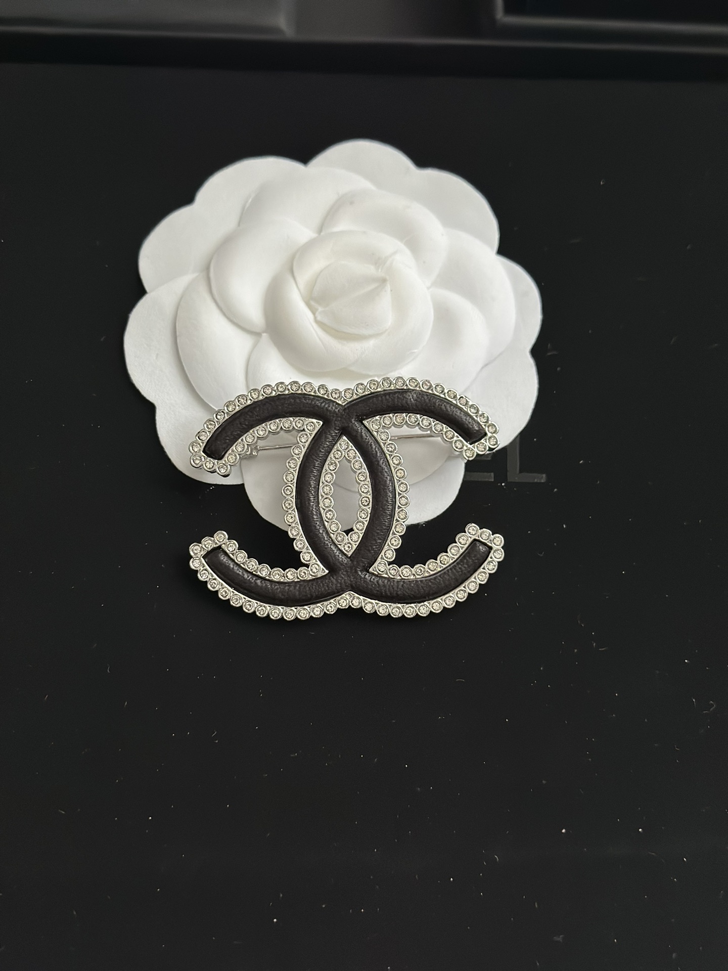 Chanel Paved Diamond Black Leather CC Brooch - Best Replica Jewelry™