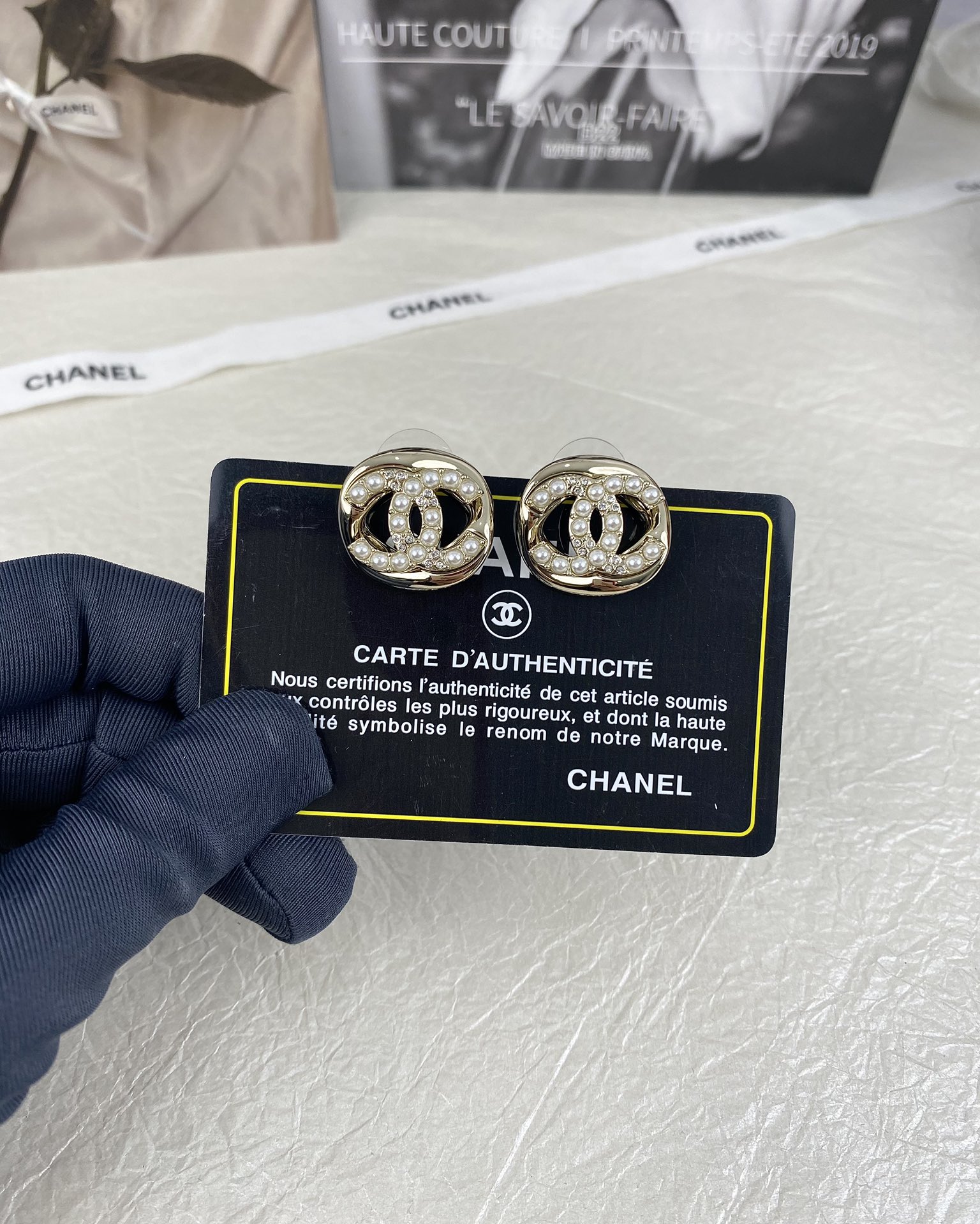 Chanel Diamond and Pearl  CC Pearl Stud Earrings - Best Replica Jewelry™