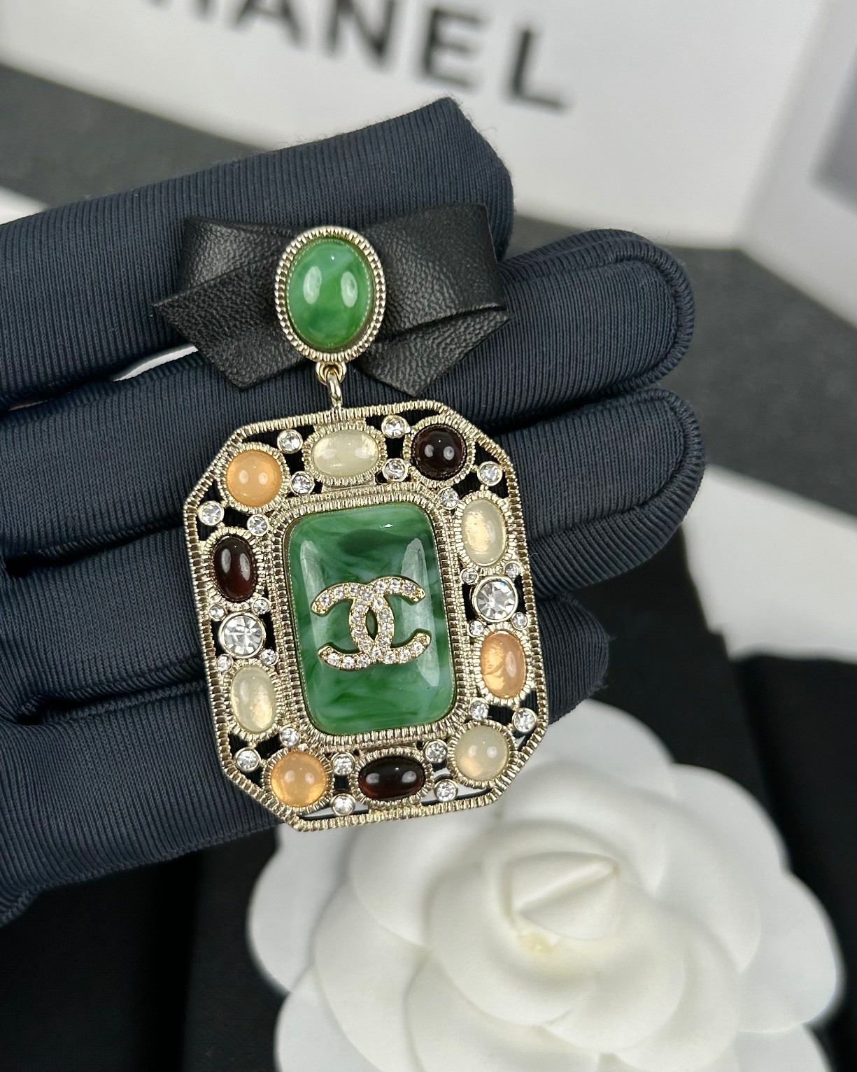 Chanel Leather Bow Multigem Emerald Brooch - Best Replica Jewelry™