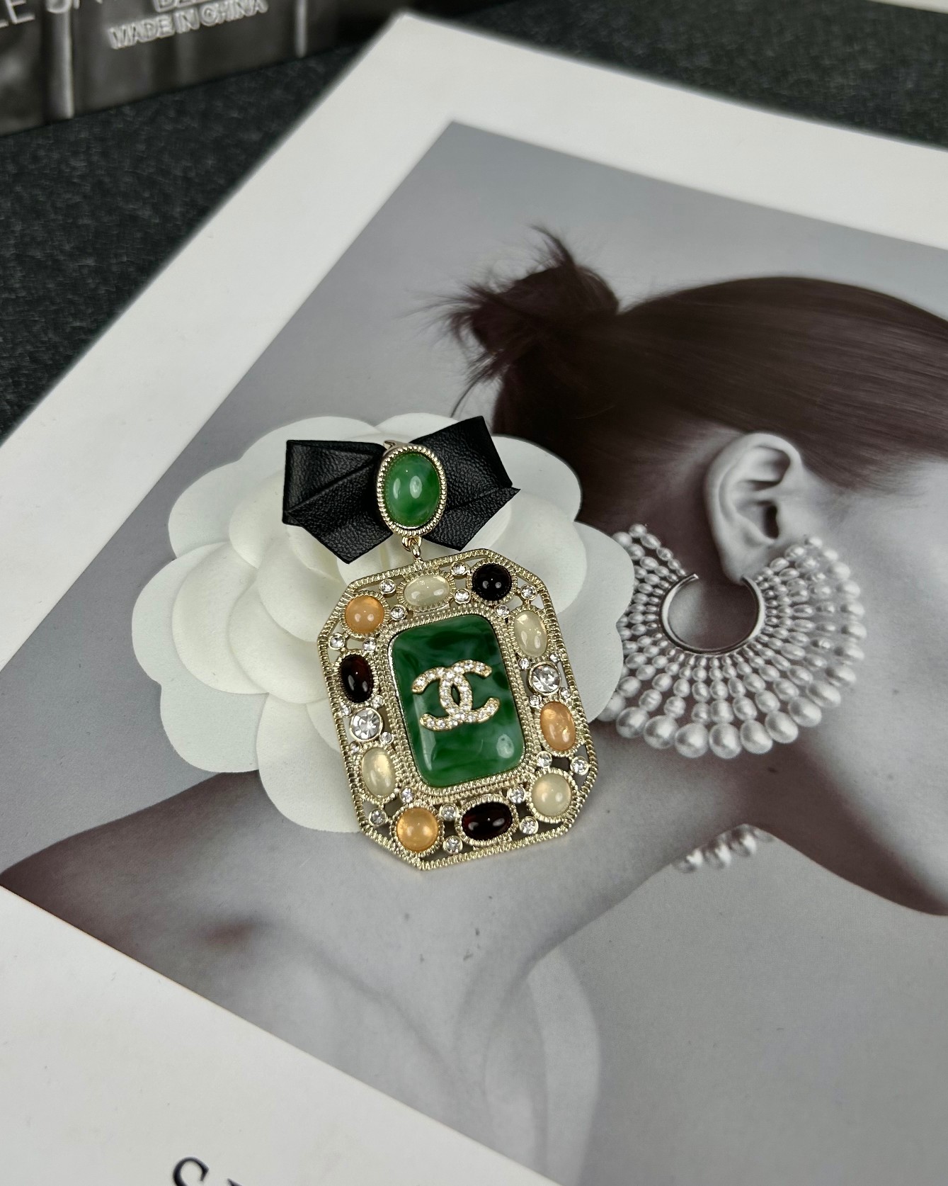 Chanel Leather Bow Multigem Emerald Brooch - Best Replica Jewelry™