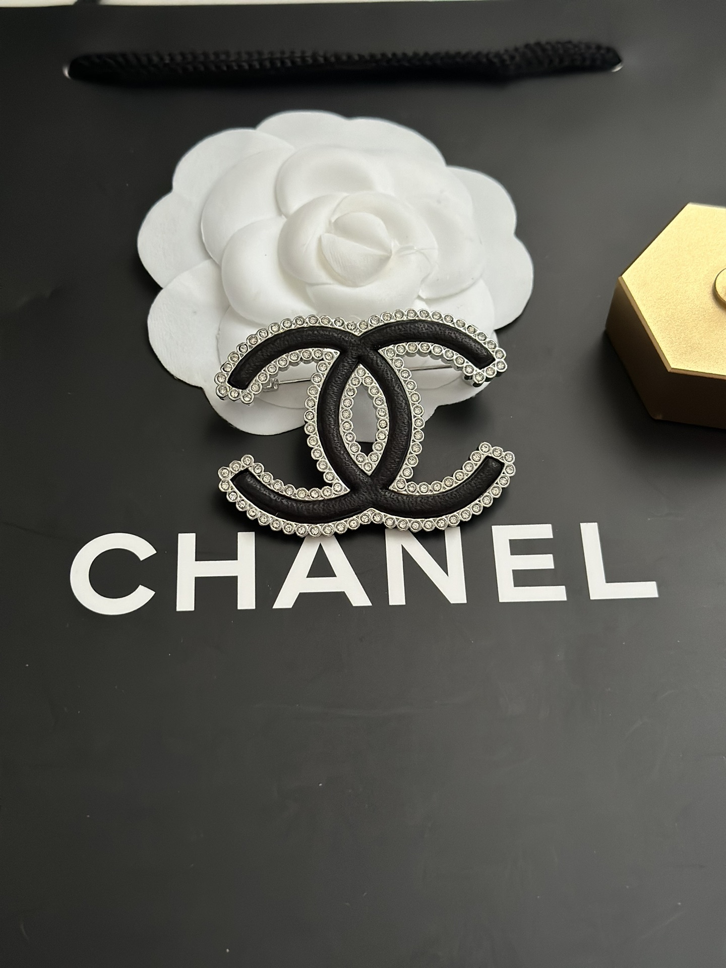 Chanel Paved Diamond Black Leather CC Brooch - Best Replica Jewelry™