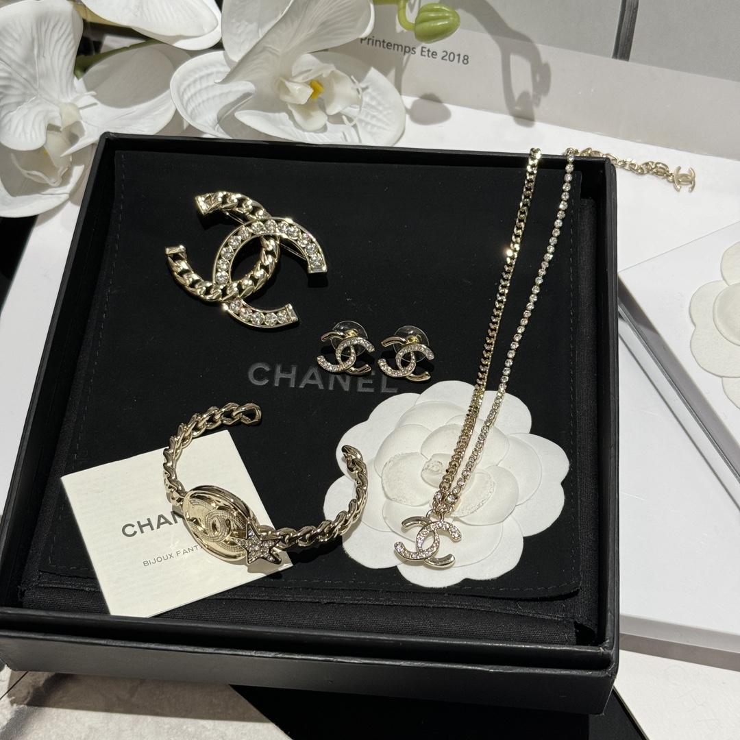 Chanel Light Gold CC Brooch Bracelet Bangle Earrings Necklace - Best Replica Jewelry™
