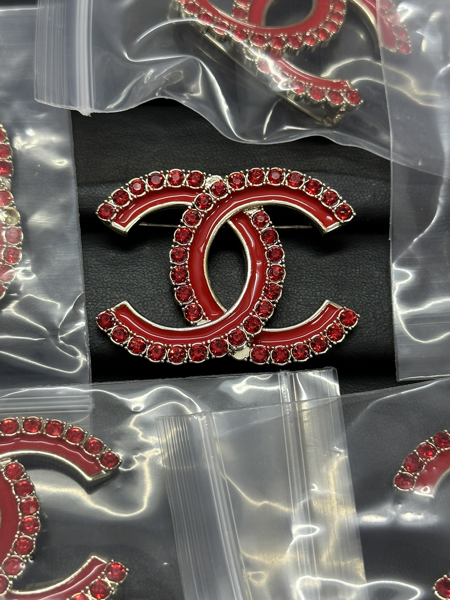 Chanel Red Enamel Rhinestone CC Brooch - Best Replica Jewelry™