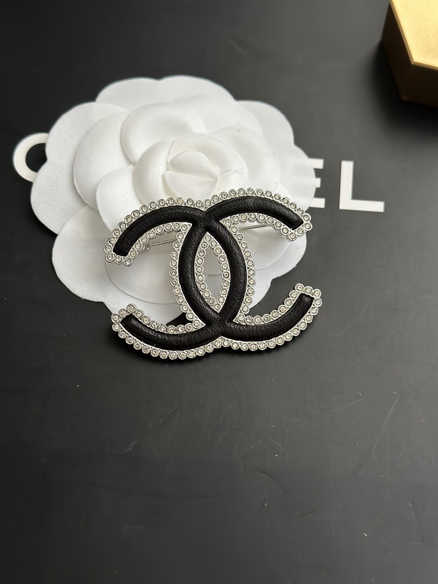 Chanel Paved Diamond Black Leather CC Brooch - Best Replica Jewelry™