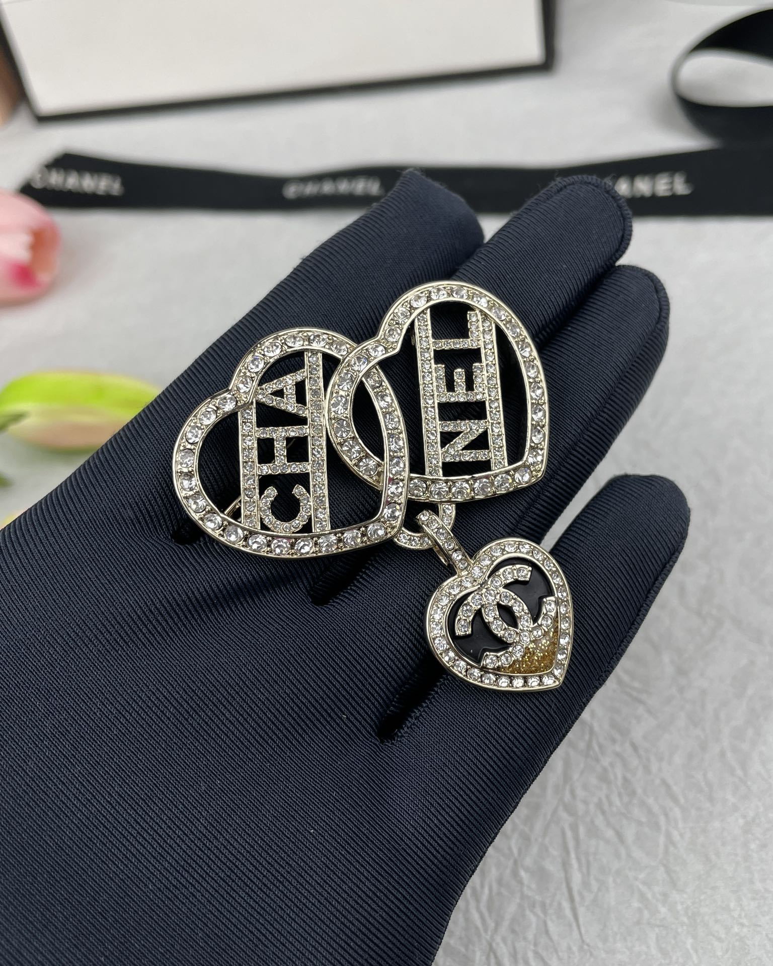 Chanel Three Hearts Monogram Brooch - Best Replica Jewelry™