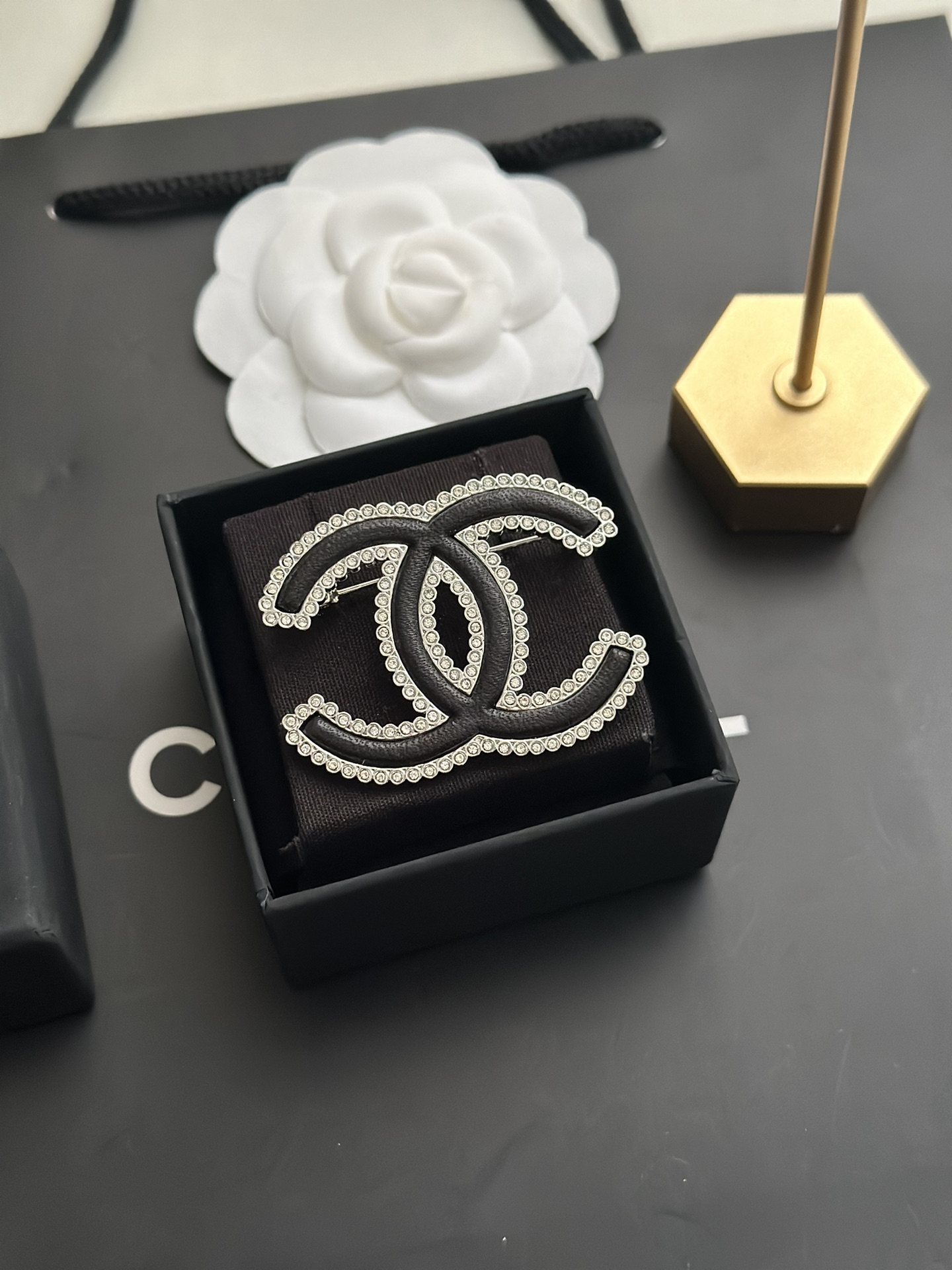 Chanel Paved Diamond Black Leather CC Brooch - Best Replica Jewelry™