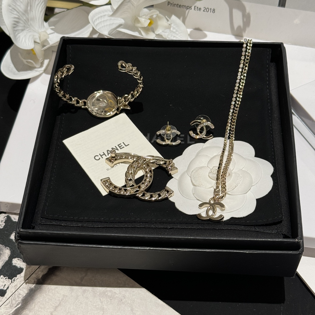 Chanel Light Gold CC Brooch Bracelet Bangle Earrings Necklace - Best Replica Jewelry™