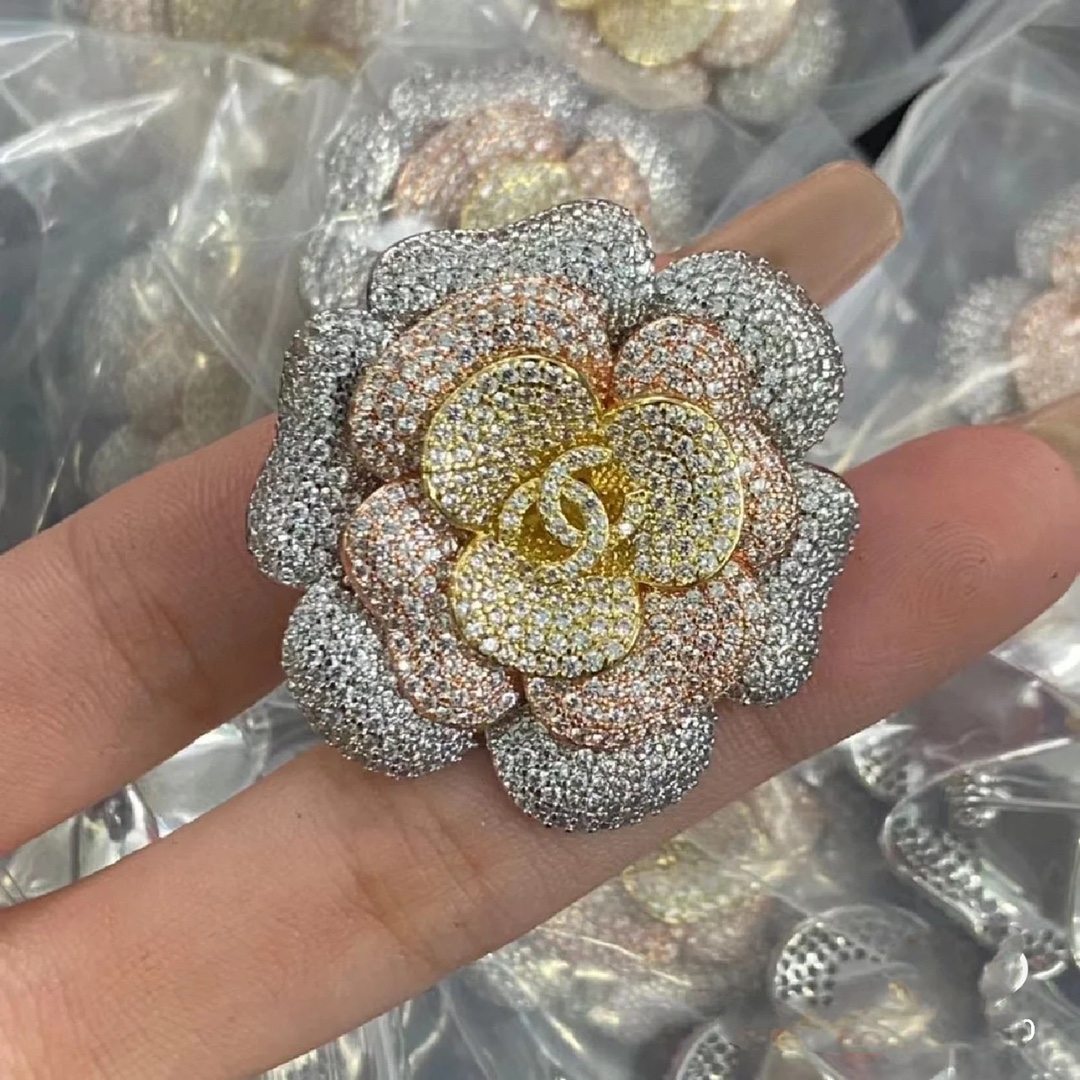 Chanel Full Diamond Paved Camellia Flower Brooch - Best Replica Jewelry™